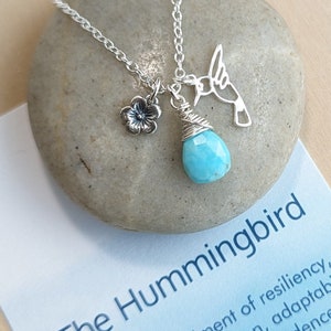 Sterling Silver Hummingbird Gemstone Necklace with Inspirational Message... You Choose The Gemstone
