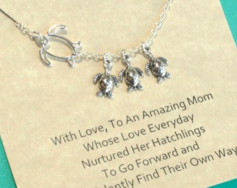 Sterling Silver Sea Turtle Mother's Necklace with Sentiment Card... You Choose How Many Baby Turtles