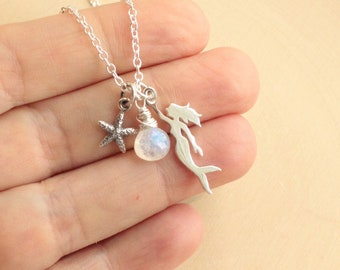 Sterling Silver Mermaid Birthstone and Starfish Charm Trio Necklace... You Choose The Gemstone