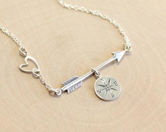 Sterling Silver Arrow Compass and Heart Necklace