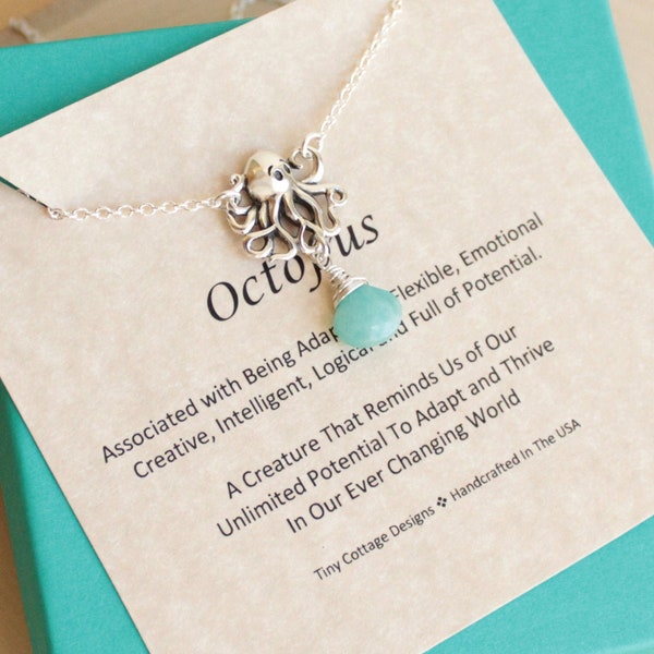 Sterling Silver Octopus Necklace with Your Choice Of Birthstone on Inspirational Sentiment