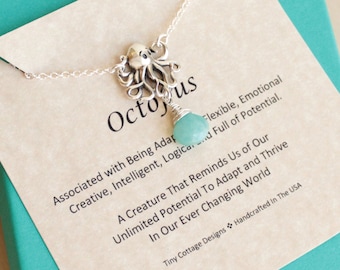 Sterling Silver Octopus Necklace with Your Choice Of Birthstone on Inspirational Sentiment