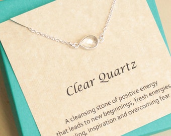 Sterling Silver Clear Quartz Sideways Teardrop Necklace