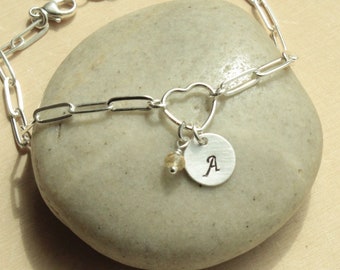 Sterling Silver Paperclip Bracelet with the Initial and Birthstone of Your Choice