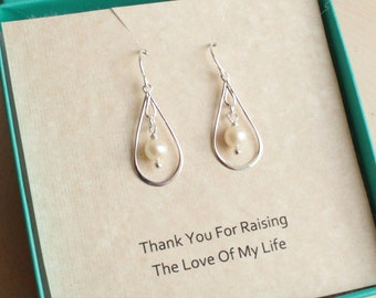 Sterling Silver Pearl Drop Earrings Mother-In-Law Message -- Mother of the Groom or Bride