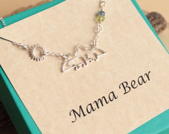 Sterling Silver Mother Bear with Her Cub Necklace... Birthstone options