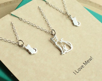 Sterling Silver Mother Cat and Two Kitten Necklaces - Mother Daughters Three Necklace Set