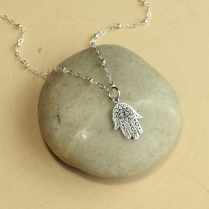 Sterling Silver Hamsa with Evil Eye Necklace... Protection Charm on Satellite Chain