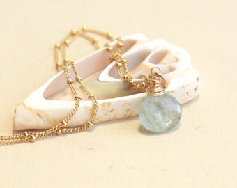 Aquamarine Necklace with Gold Filled Satellite Chain