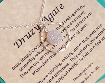 Sterling Silver Arora Borealis Druzy and Hammered Circle Necklace with Sentiment Card