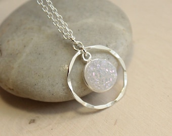 Sterling Silver Aurora Borealis Druzy Inside Hammered Eternity Circle Necklace