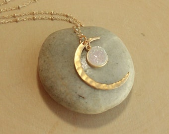 Gold Druzy Crescent Moon Necklace on Satellite Chain