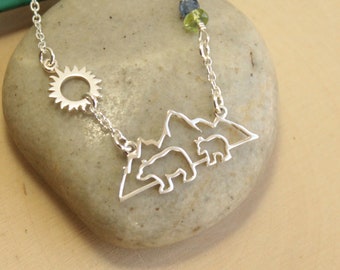 Sterling Silver Mama Bear with Her Cub Necklace