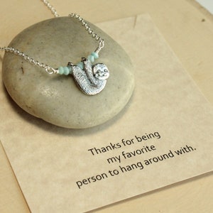 Sterling Silver Sloth Necklace with Birthstone Choice and Friendship Sentiment Card