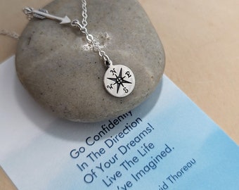 Sterling Silver Arrow and Compass Y Style Necklace... Thoreau Quote Graduation Sentiment Card