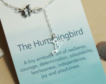 Sterling Silver Hummingbird and Flower Necklace with Inspirational Sentiment Card