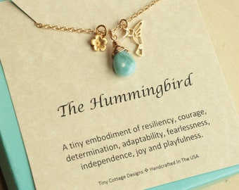 Gold Hummingbird Gemstone Necklace with Inspirational Message... You Choose The Gemstone