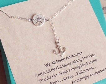 Sterling Silver Compass and Drop Anchor Necklace with Friendship Sentiment Card