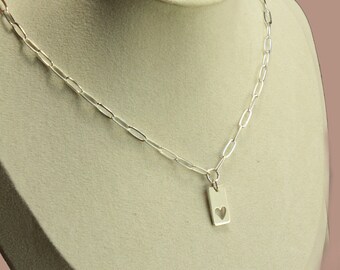 Sterling Silver Paperclip Chain Necklace with Cut Out Heart Rectangle Tag