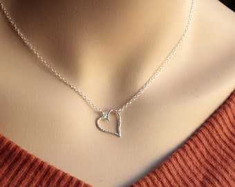 Sterling Silver Sideways Hammered Heart Necklace