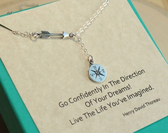 Sterling Silver Arrow and Compass Lariat Necklace... Thoreau Quote Graduation Sentiment Card