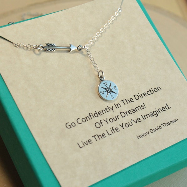 Sterling Silver Arrow and Compass Lariat Necklace... Thoreau Quote Graduation Sentiment Card