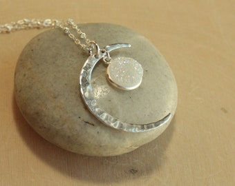 Sterling Silver Crescent Moon Druzy Necklace on Satellite Chain