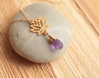 Gold Lotus Flower and Birthstone Necklace... You Choose The Stone