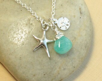 Sterling Silver Starfish, Birthstone, and Sand Dollar Charm Trio Necklace... You Choose The Gemstone