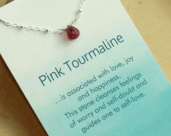 Pink Tourmaline Birthstone Necklace with Sterling Silver Satellite Chain