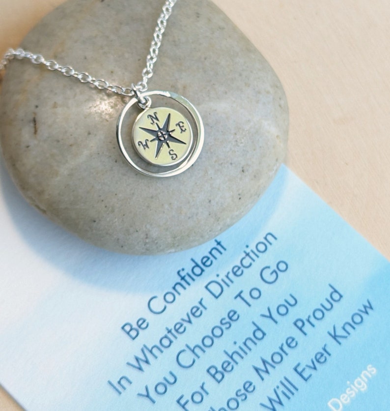 Sterling Silver Compass Necklace... Graduation Inspirational Sentiment Card image 1
