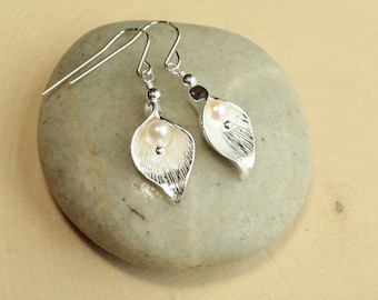 Sterling Silver Calla Lily and Freshwater Pearl Earrings