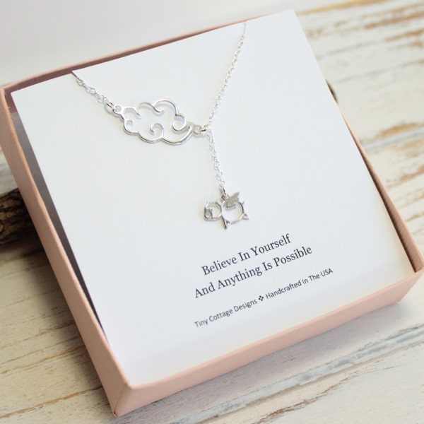 Sterling Silver Cloud and Flying Pig Lariat Necklace...  Graduation Inspirational Sentiment Card