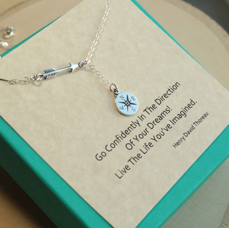 Sterling Silver Arrow and Compass Lariat Necklace... Thoreau Quote Graduation Sentiment Card image 5