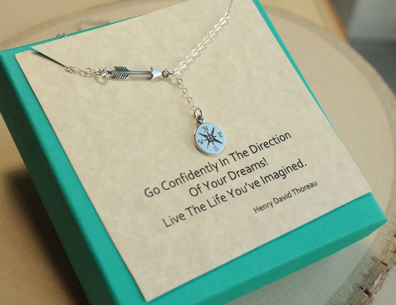 Sterling Silver Arrow and Compass Lariat Necklace... Thoreau Quote Graduation Sentiment Card image 1