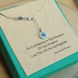 Sterling Silver Arrow and Compass Lariat Necklace... Thoreau Quote Graduation Sentiment Card image 3