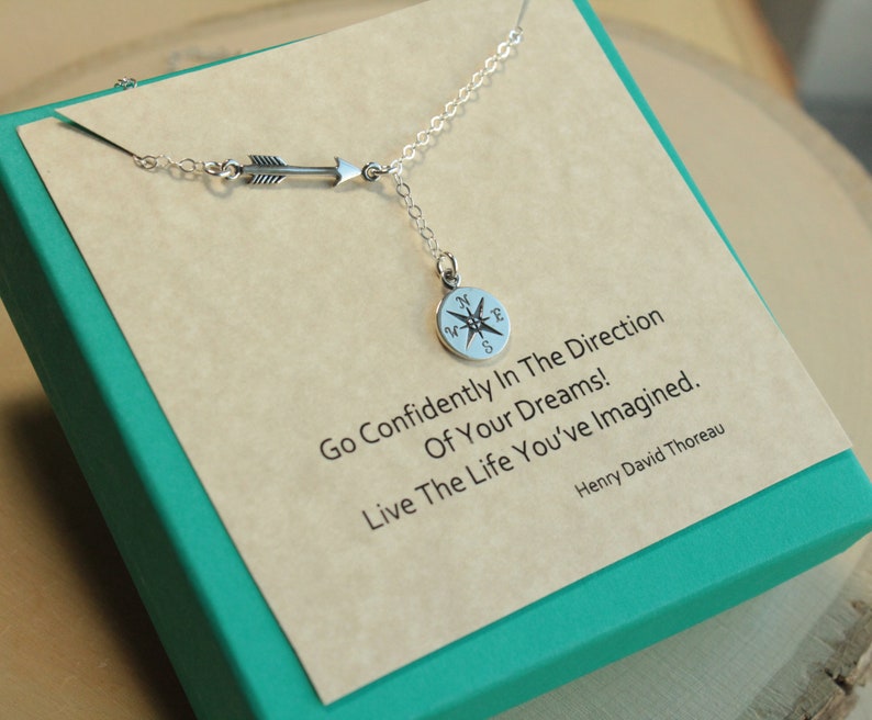 Sterling Silver Arrow and Compass Lariat Necklace... Thoreau Quote Graduation Sentiment Card image 3