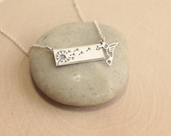 Sterling Silver Hummingbird and Dandelion Wishes Bar Necklace