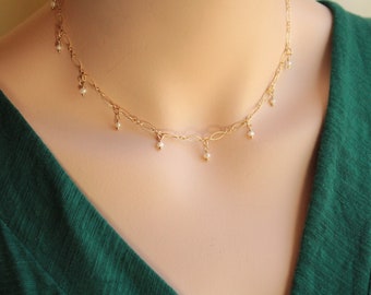 Fancy Gold Filled Chain Choker with tiny Freshwater Pearl Fringes