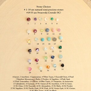May include: A chart showing 33 different gemstone and crystal choices for jewelry making. The chart is labeled "Stone Choices" and lists the stones by number. The stones are arranged in rows and columns. The first row includes garnet, amethyst, aquamarine, white topaz, emerald onyx, and pearl. The second row includes rainbow moonstone, ruby, peridot, sapphire, pink opal, and pink tourmaline. The third row includes citrine, blue topaz, turquoise, amazonite, labradorite, and larimar. The fourth row includes Swarovski crystals in garnet, amethyst, light azure, clear, emerald, alexandrite, ruby, peridot, sapphire, pacific opal, pink, green opal, citrine, blue topaz, and jet black.