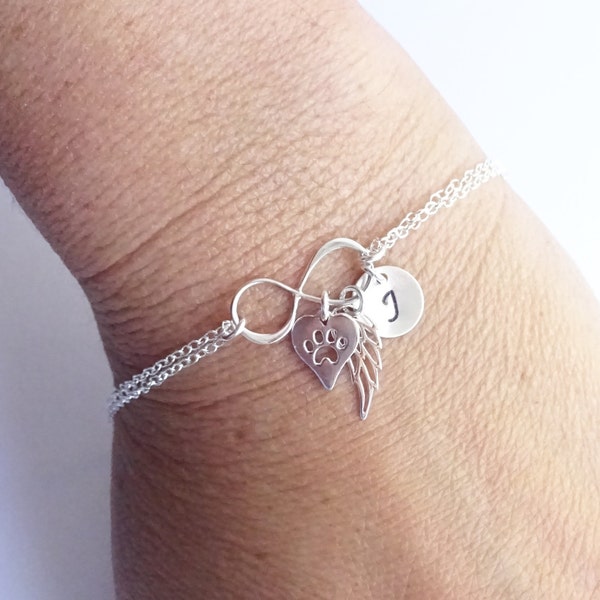 Sterling Silver Infinity Paw Print Bracelet with Angel Wing and Initial