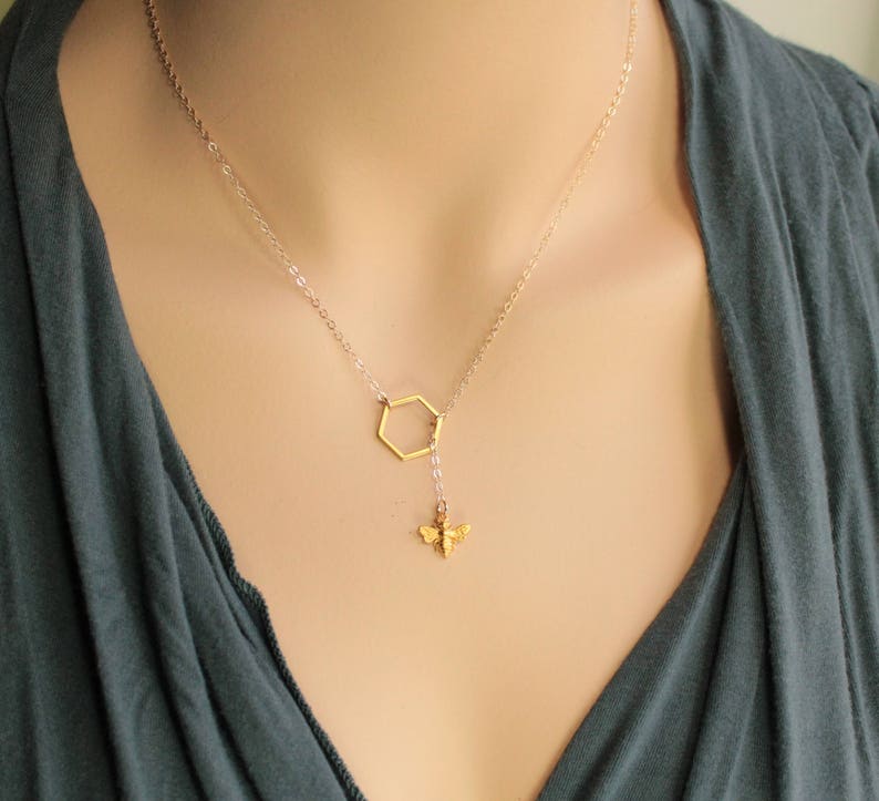 Gold Bee and Honeycomb Necklace