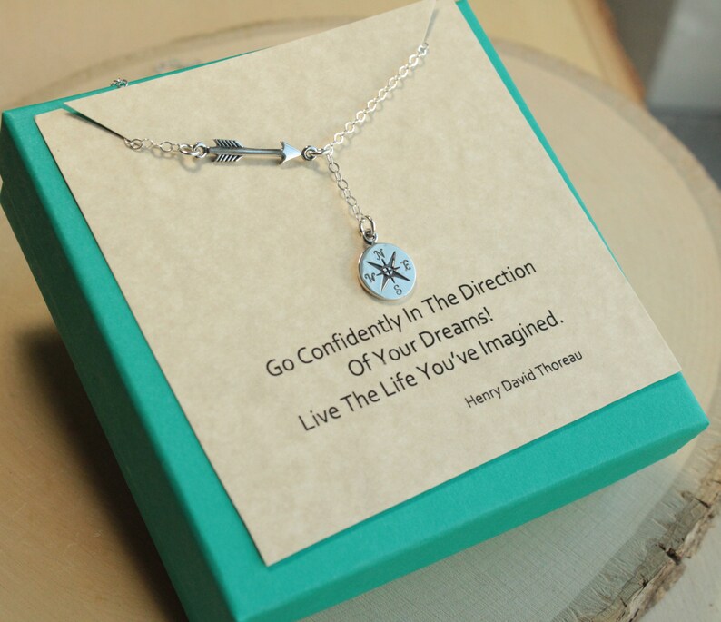 Sterling Silver Arrow and Compass Lariat Necklace... Thoreau Quote Graduation Sentiment Card image 7