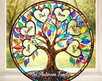 Personalized Family Tree Stained Glass Suncatcher, Tree of Life Window Hanging Decor, Mothers day Gift