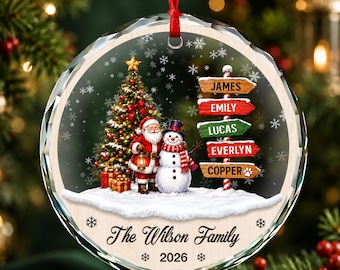 Personalized Family Names Christmas Ornament, Custom Name Signpost Glass Ornament, Family With Pets Ornaments Family of 3 4, Family Keepsake
