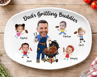 Dad’s Grilling Buddies Plate, Personalized Dad Grilling Platter with Kids Faces, Funny Fathers Day Gift From Kids, Grill Daddy Gift