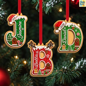 Personalized Gingerbread Alphabet 2-Layered Wooden Ornament, Custom Kids Name Letter Ornament, Christmas Santa Hat Decor, Grandkids Gift