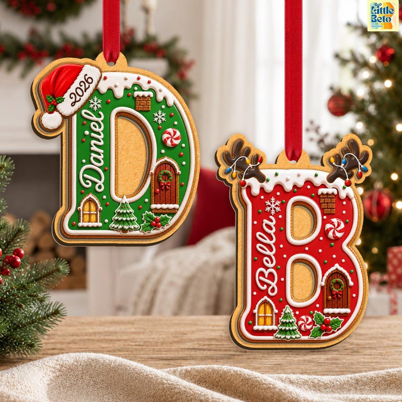 2 Layer Wooden Kids Name Ornament, Christmas Alphabet Decor, Grandkids Gift, Baby Christmas Gift