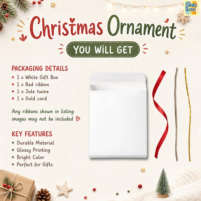 May include: A white gift box, a red ribbon, a piece of jute twine, and a gold cord are displayed. Text includes Christmas Ornament, You Will Get, Packaging Details, and Key Features, listing items like a white gift box and various ribbons.