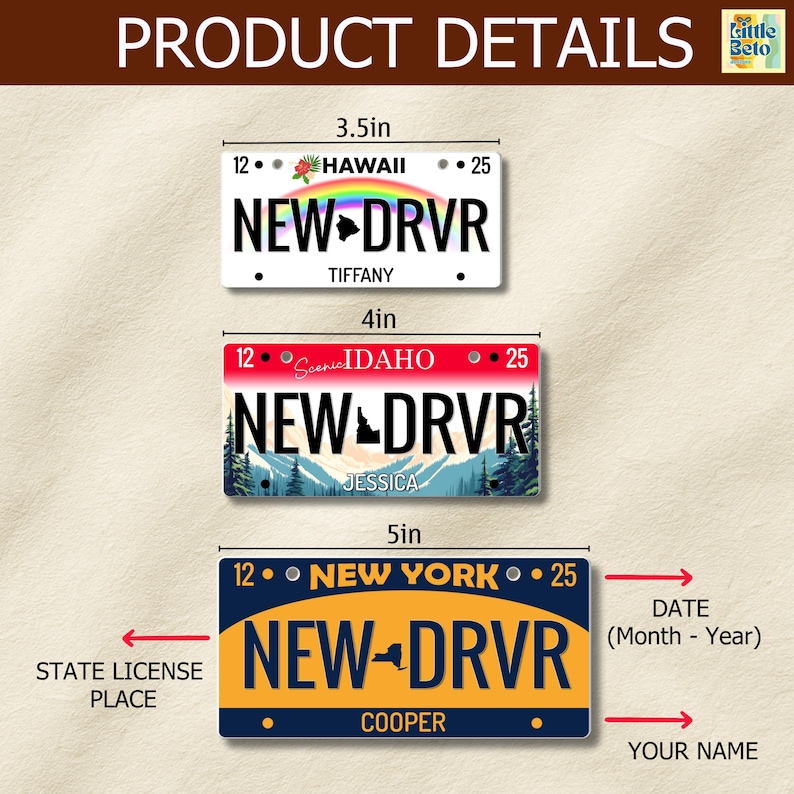 May include: Three license plate designs are shown, with measurements of 3.5, 4, and 5 inches. The plates feature the text "NEW DRVR" and include the names Tiffany, Jessica, and Cooper. The plates also display the states of Hawaii, Idaho, and New York.